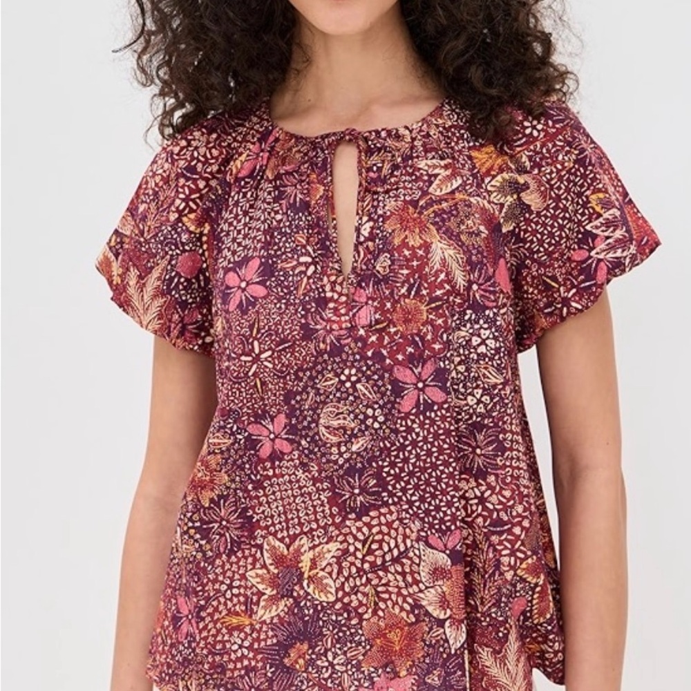 Ulla Johnson Burgundy and Pink Floral Keyhole Flutter Sleeve Top